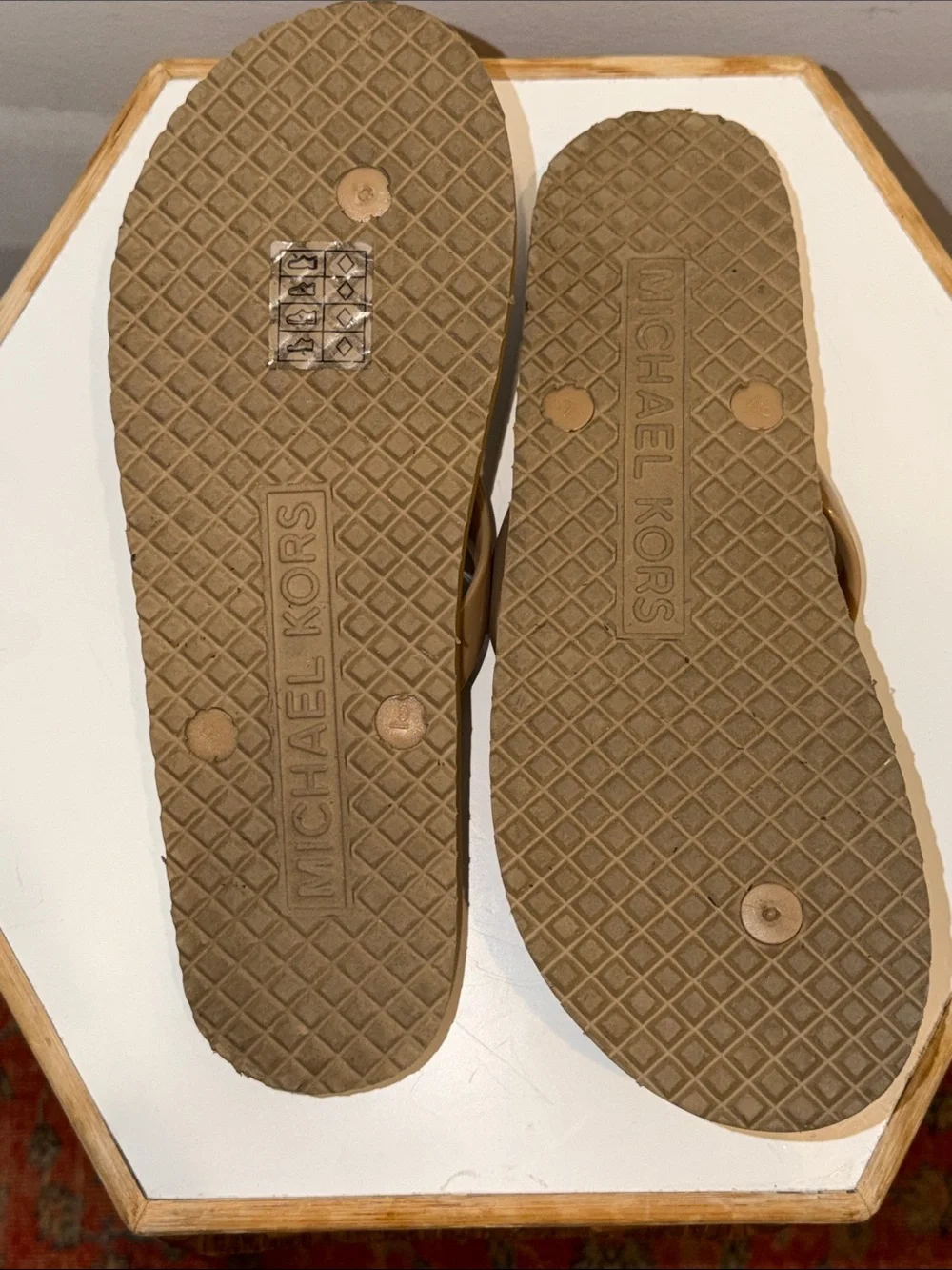 Michael Kors Brown MK Logo Flip Flop Sandals with Gold Emblem